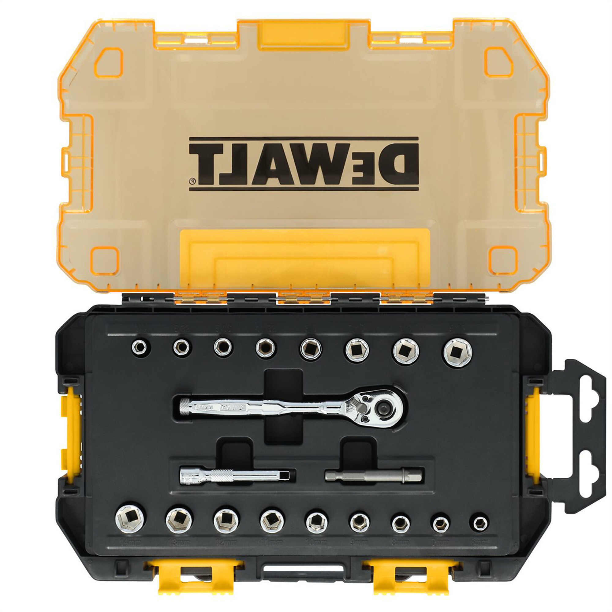 DeWalt ToughSeries Tough Box 1/4in. Drive Mechanics Tool Set — 20-Piece, 2.5 Degree Arc Swing, High Visibility Markings, Model# DWTDWMT45413